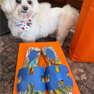 Hermes stylish Blue Sandals with Patterned Insole